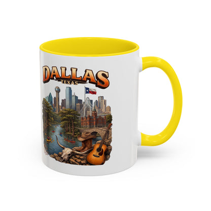 Dallas Skyline Accent Coffee Mug — Texas Souvenir Mug with Guitar & Cityscape