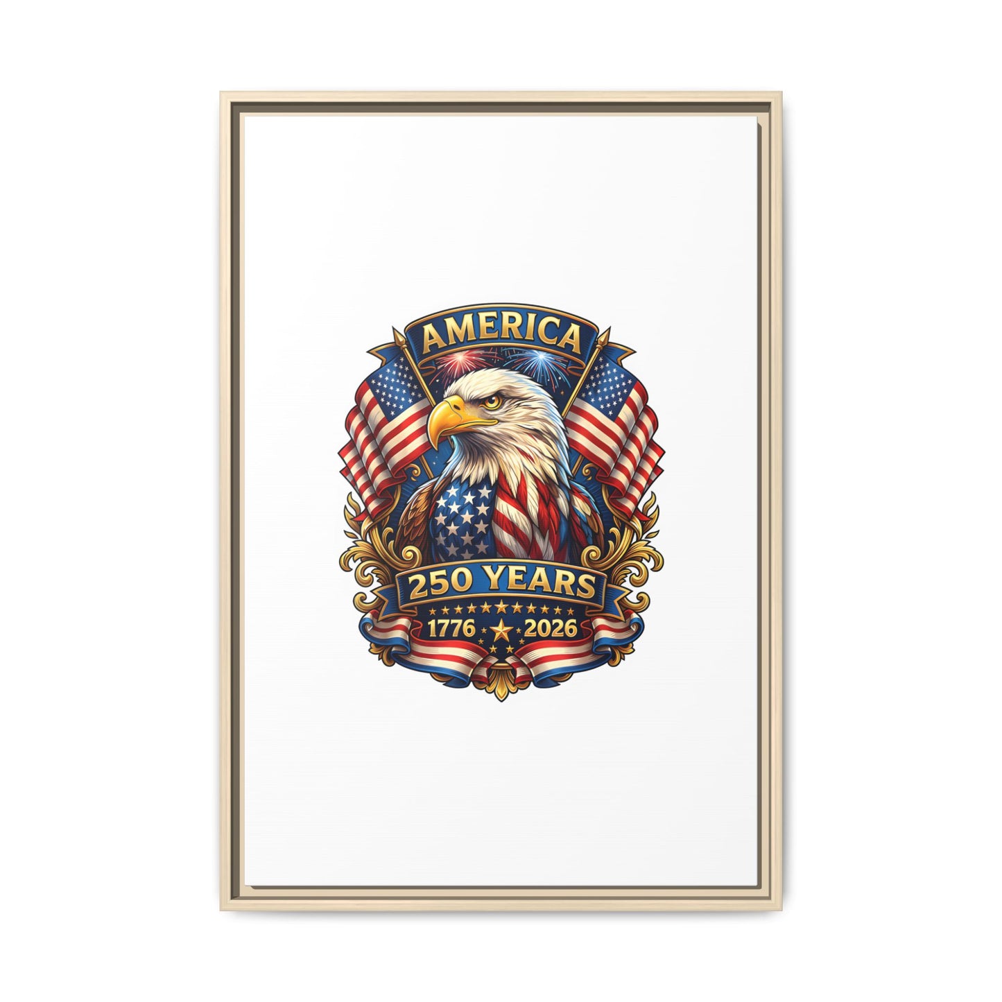 America 250th Anniversary Framed Canvas — Patriotic Bald Eagle Wall Art