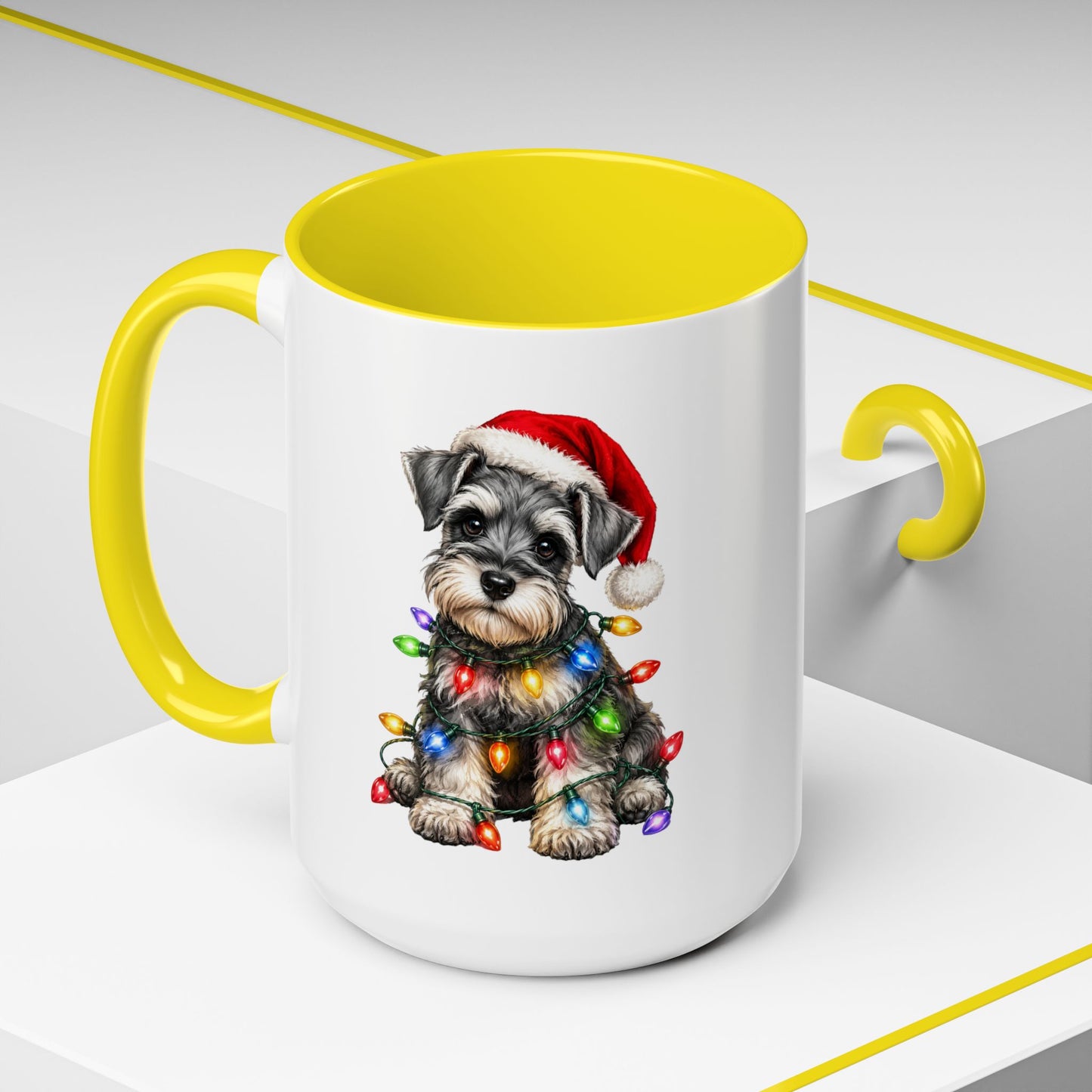 Christmas Puppy Coffee Mug — Schnauzer in Santa Hat with Holiday Lights (11/15oz)