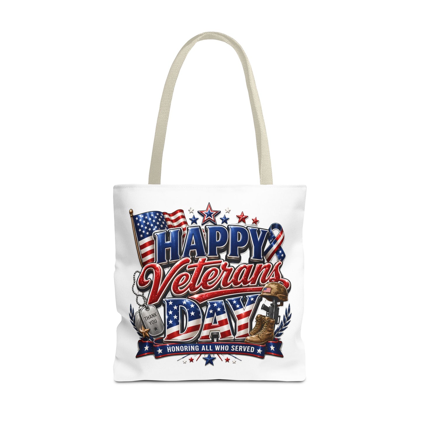Veterans Day Tote Bag — "Happy Veterans Day" Patriotic All-Over Print