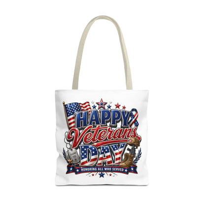 Veterans Day Tote Bag — "Happy Veterans Day" Patriotic All-Over Print