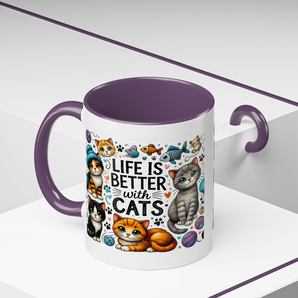 Life Is Better With Cats Accent Coffee Mug – Cute Kitten Ceramic Tea Cup (11/15oz)