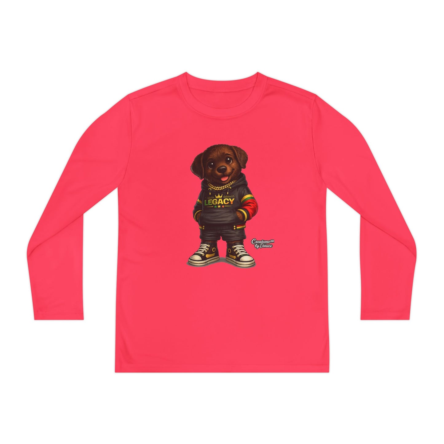Kids Long Sleeve Tee — Brown Puppy Wearing 'Legacy' Hoodie Graphic