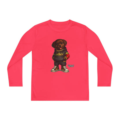 Kids Long Sleeve Tee — Brown Puppy Wearing 'Legacy' Hoodie Graphic