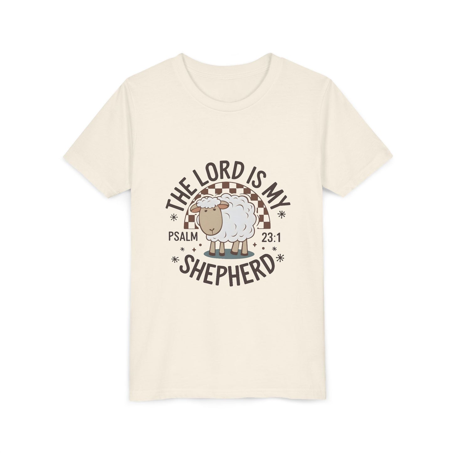 Youth Tee — "The Lord Is My Shepherd" Psalm 23:1 Christian Kids T‑Shirt (Sheep Design)