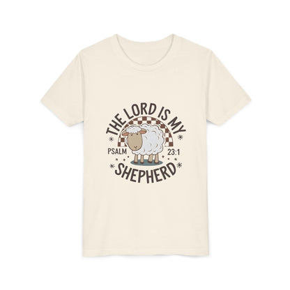 Youth Tee — "The Lord Is My Shepherd" Psalm 23:1 Christian Kids T‑Shirt (Sheep Design)