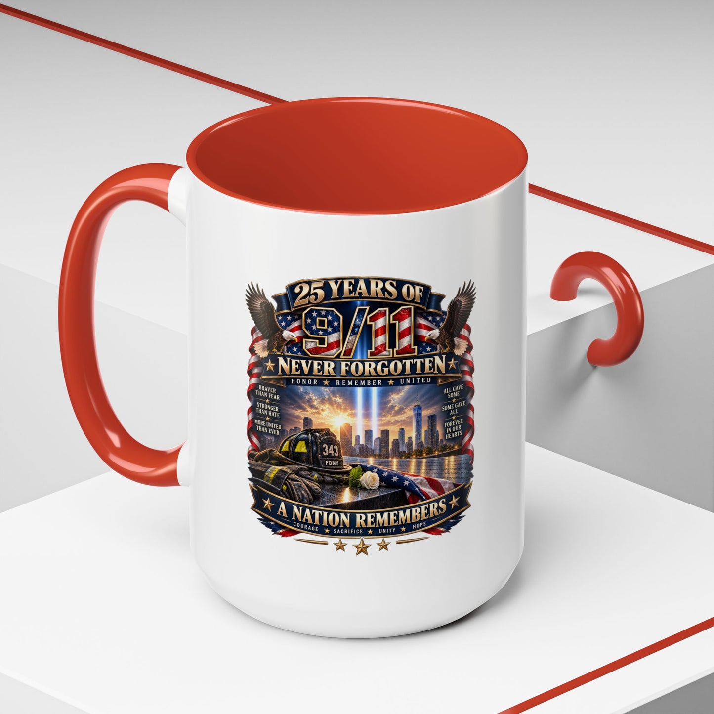 9/11 Memorial Coffee Mug — "25 Years of Never Forgotten" Patriot Tribute