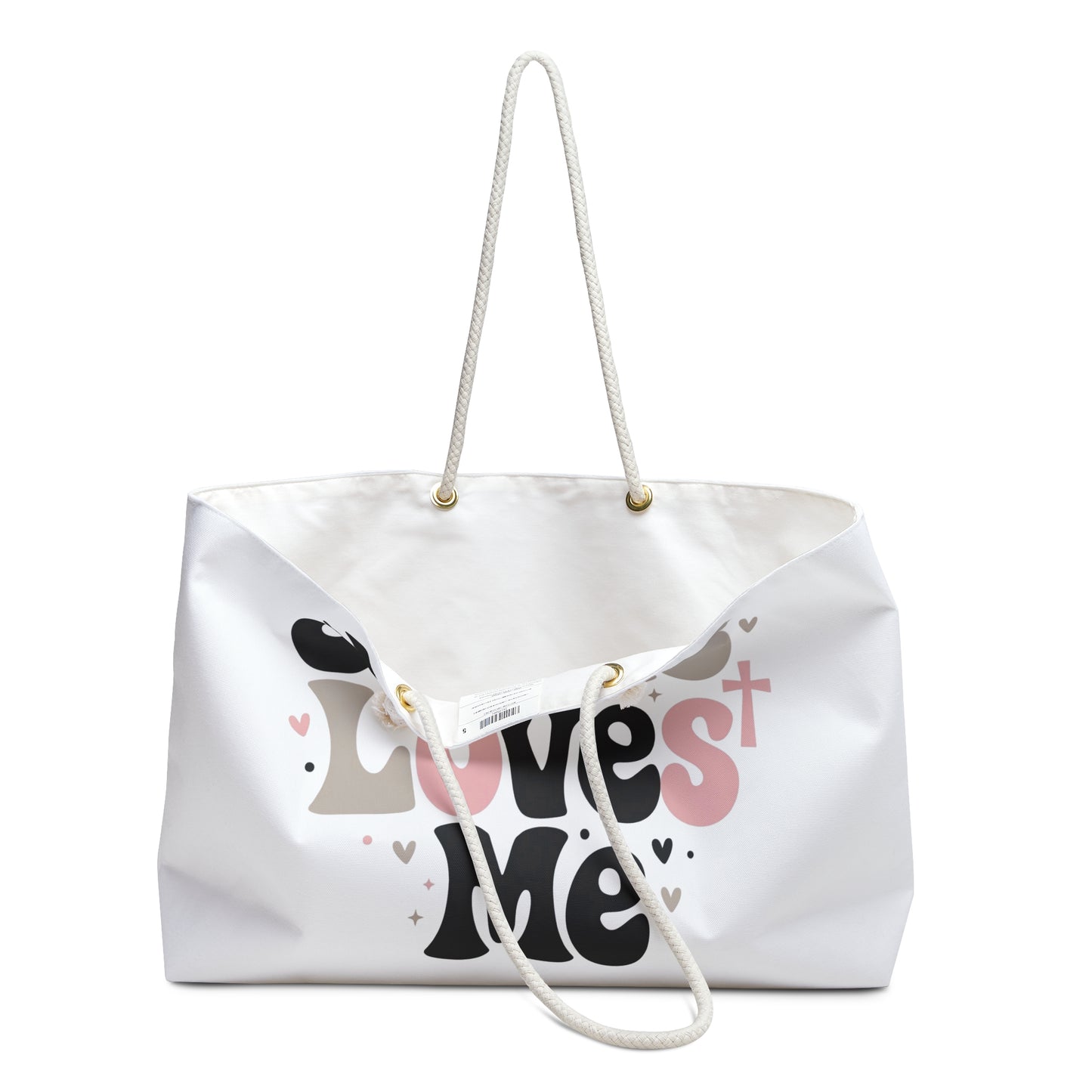 Jesus Loves Me Weekender Bag – Christian Travel Tote with Pink Retro Hearts