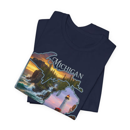 Michigan Scenic Map T-Shirt — Great Lakes Lighthouse Sunset Tee