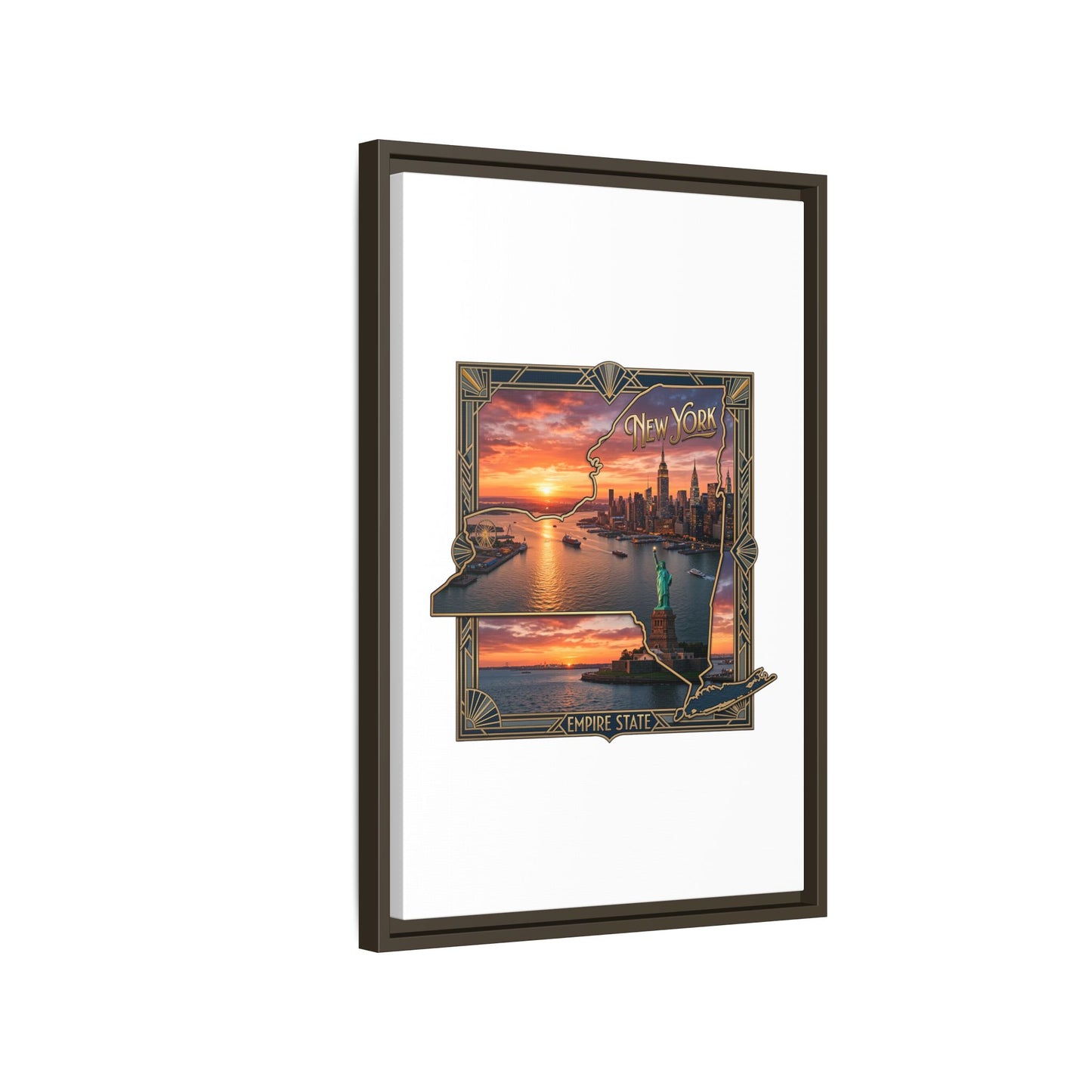 Framed Matte Canvas Wall Art — New York City Sunset Skyline with Statue of Liberty