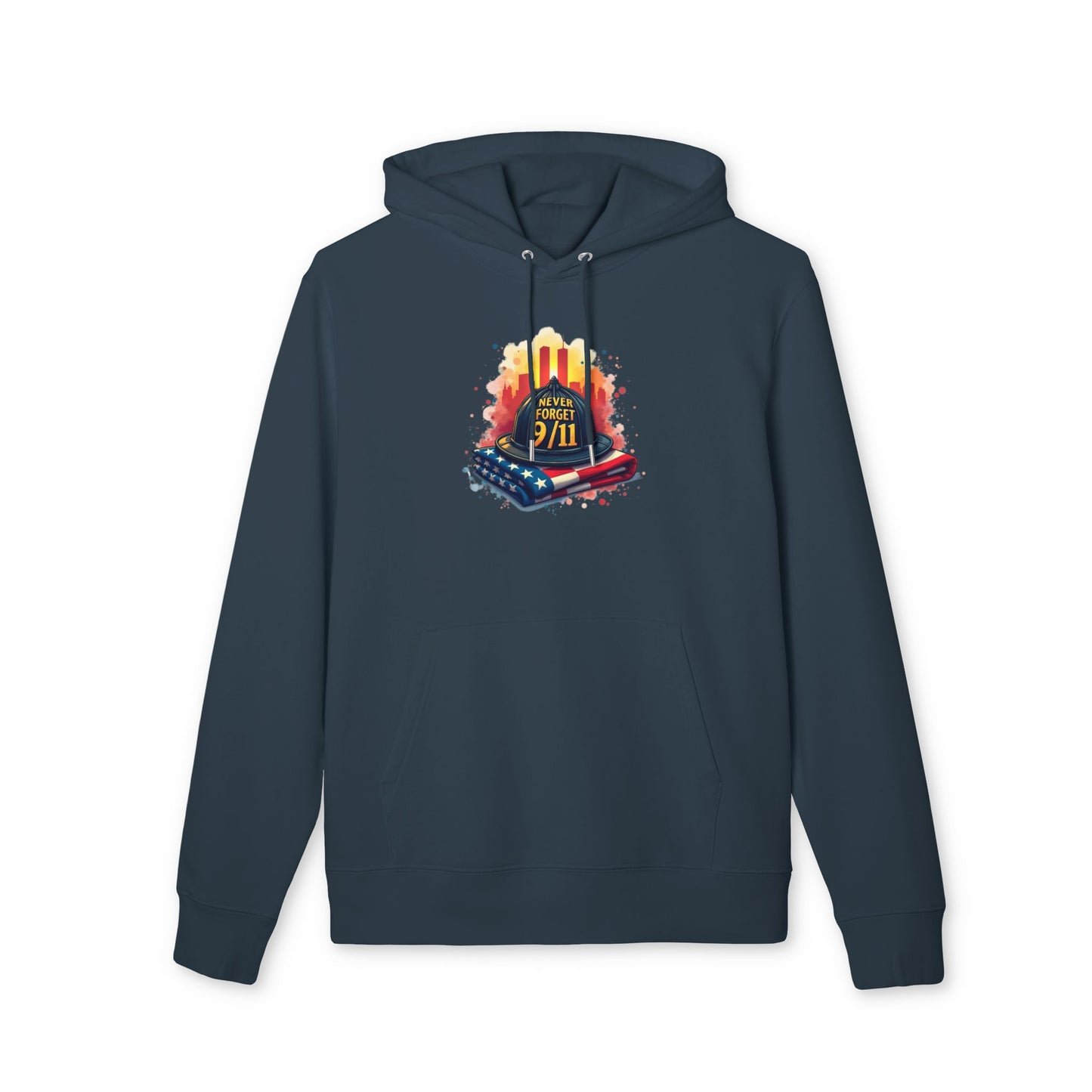9/11 Never Forget Hoodie — Memorial Tribute Pullover with Twin Towers and Flag