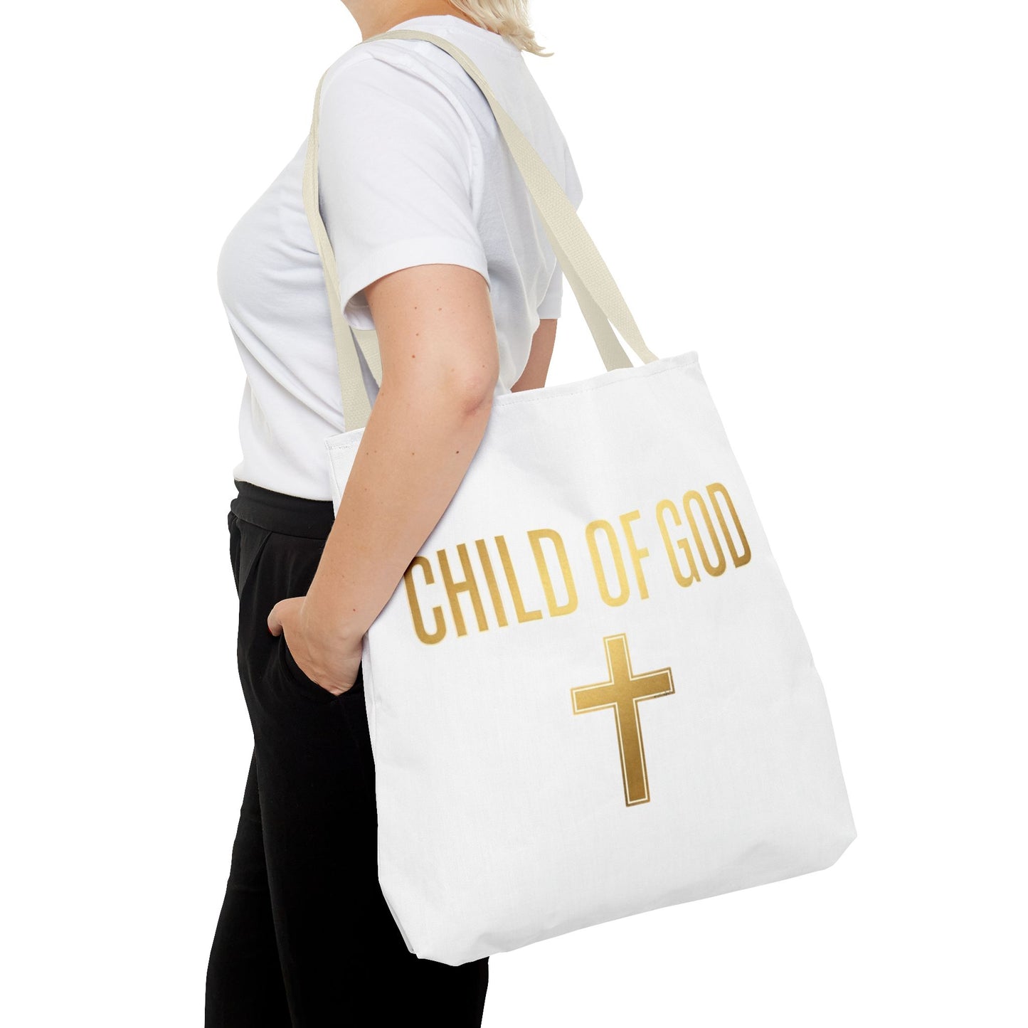 Child of God Tote Bag — Gold Cross Religious Canvas Tote