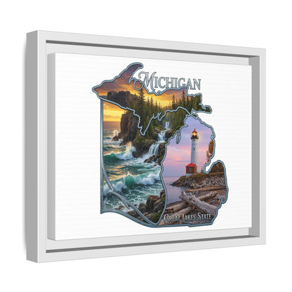 Michigan Framed Canvas Wall Art — Great Lakes State Lighthouse & Shoreline Print