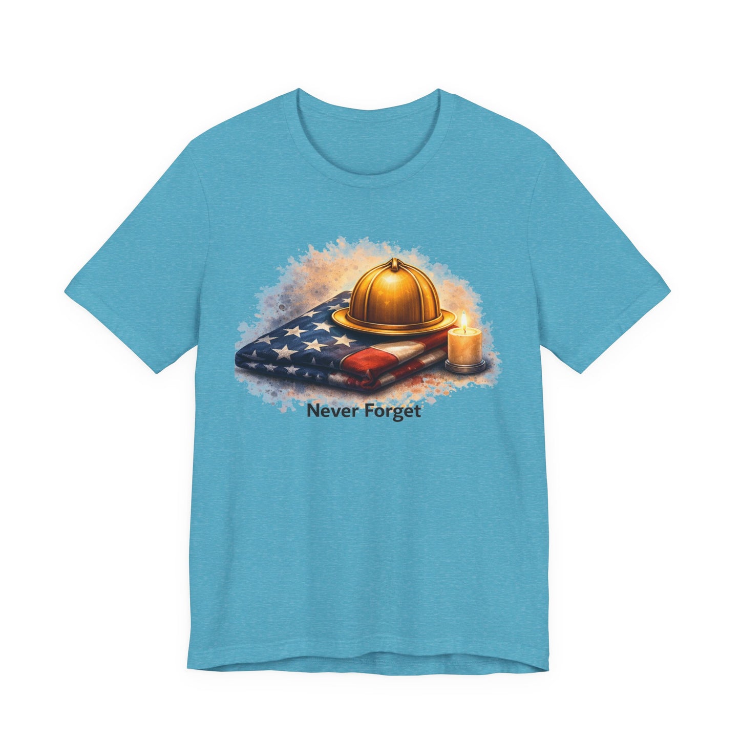 Never Forget Memorial T‑Shirt — Firefighter Helmet & Flag Tribute