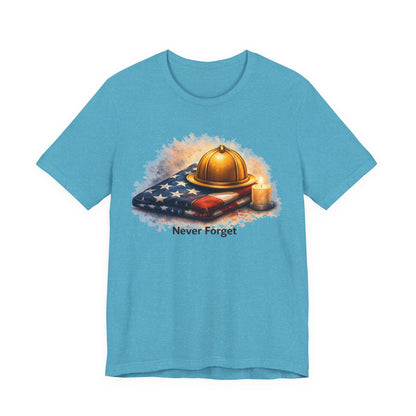 Never Forget Memorial T‑Shirt — Firefighter Helmet & Flag Tribute