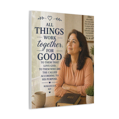 All Things Work Together For Good Stretched Canvas – Romans 8:28 Inspirational Christian Wall Art