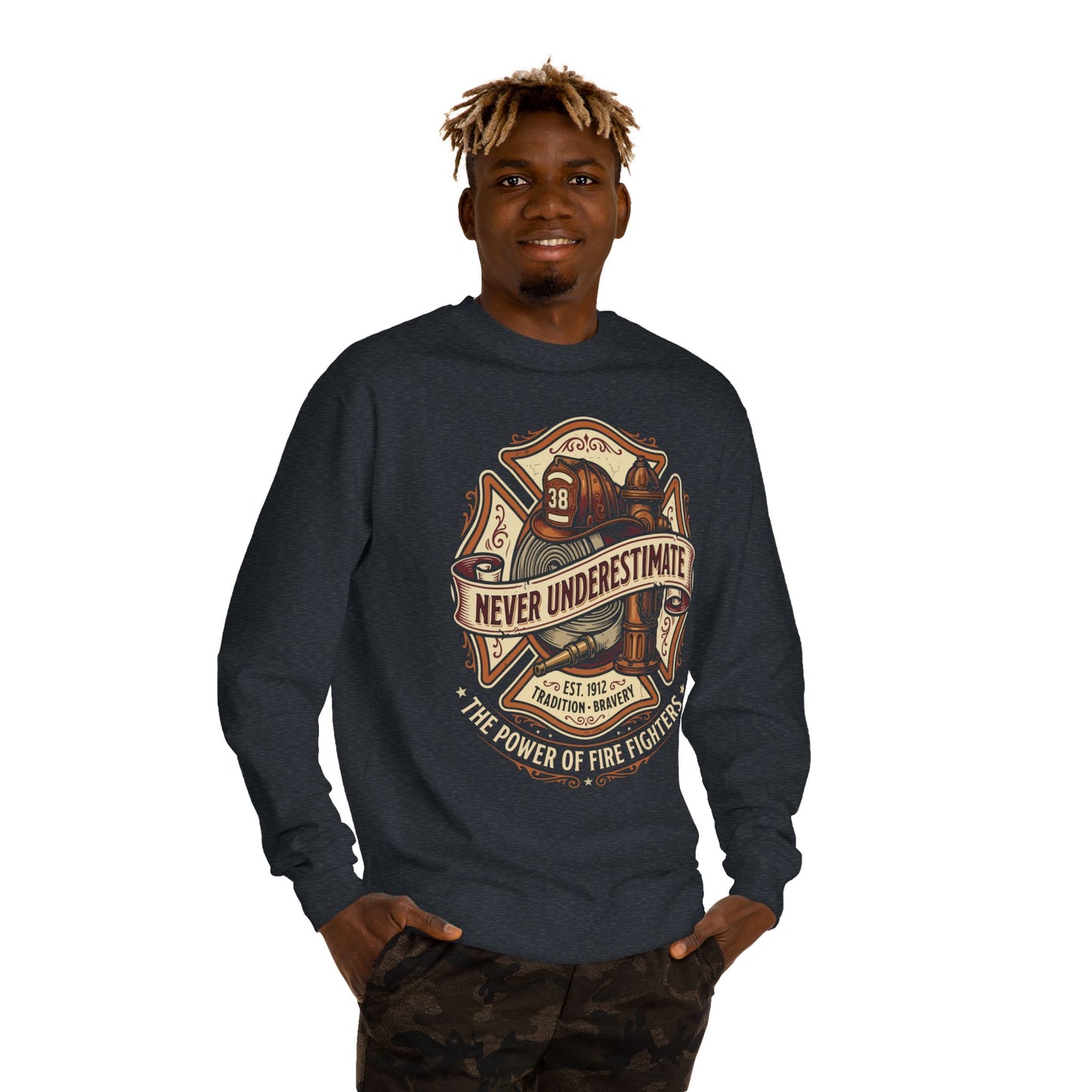 Firefighter Crewneck Sweatshirt — "Never Underestimate" Vintage Firefighter Badge