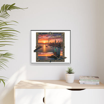 Framed Matte Canvas Wall Art — New York City Sunset Skyline with Statue of Liberty