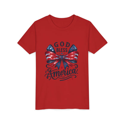 Youth Tee — "God Bless America" Patriotic Bow T-Shirt (4th of July, Memorial Day)