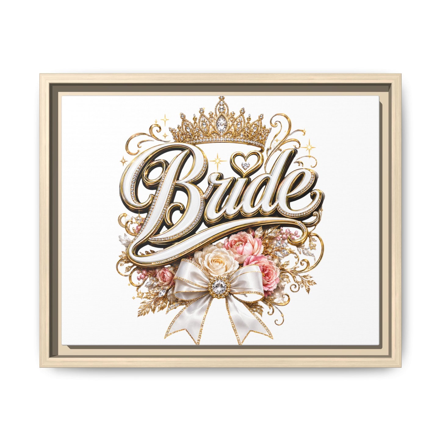 Framed Bride Canvas Wall Art — Elegant Bridal Crown & Floral Wedding Decor