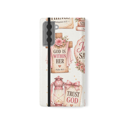 Christian Floral Phone Flip Case — "Jesus Saves" & Inspirational Scripture Wallet Cover