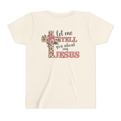 Youth Tee — "Let Me Tell You About My Jesus" Floral Leopard Cross Christian Shirt