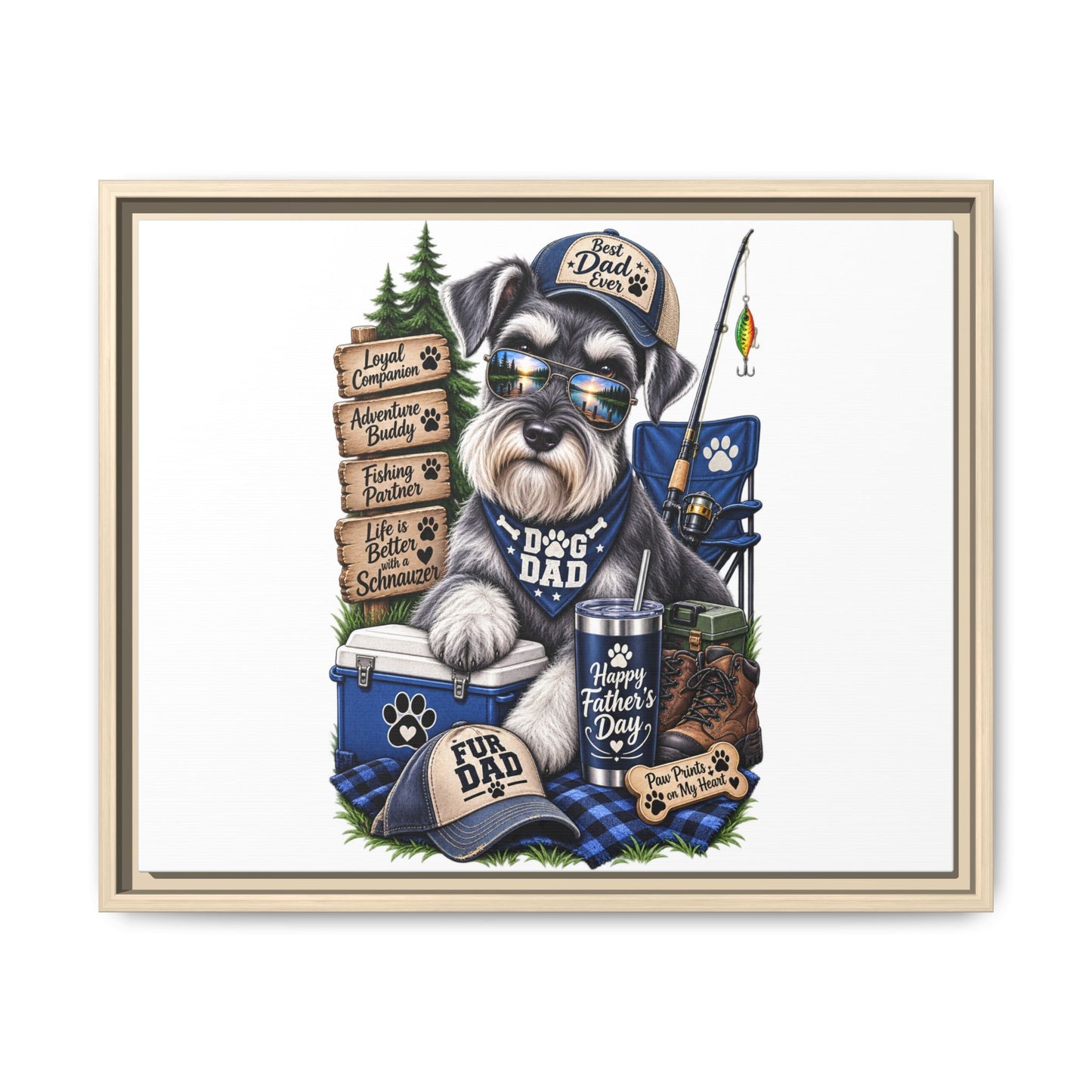 Dog Dad Schnauzer Father's Day Framed Canvas Wall Art — Fishing & Camping Pet Gift