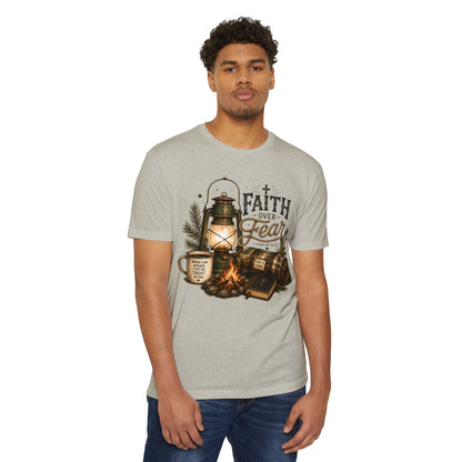 Faith Over Fear T-Shirt — Christian Camping Lantern & Bible Graphic