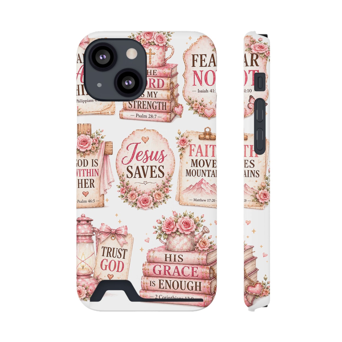 Christian Phone Case with Card Holder — 'Jesus Saves' Floral Scripture Design