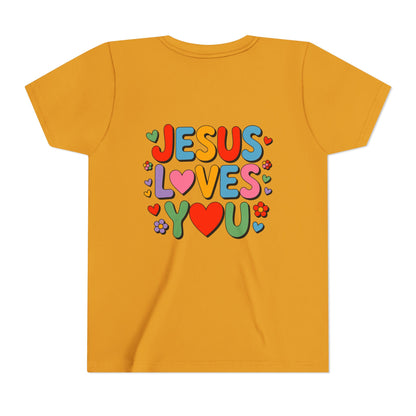 Youth Tee - "Jesus Loves You" Colorful Heart & Flower Christian Shirt