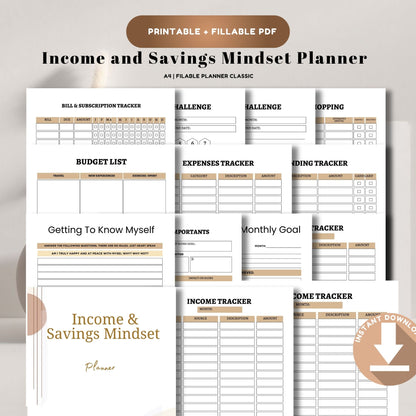 Income & Savings Mindset Planner Printable | Money Growth, Budget & Wealth Building Workbook