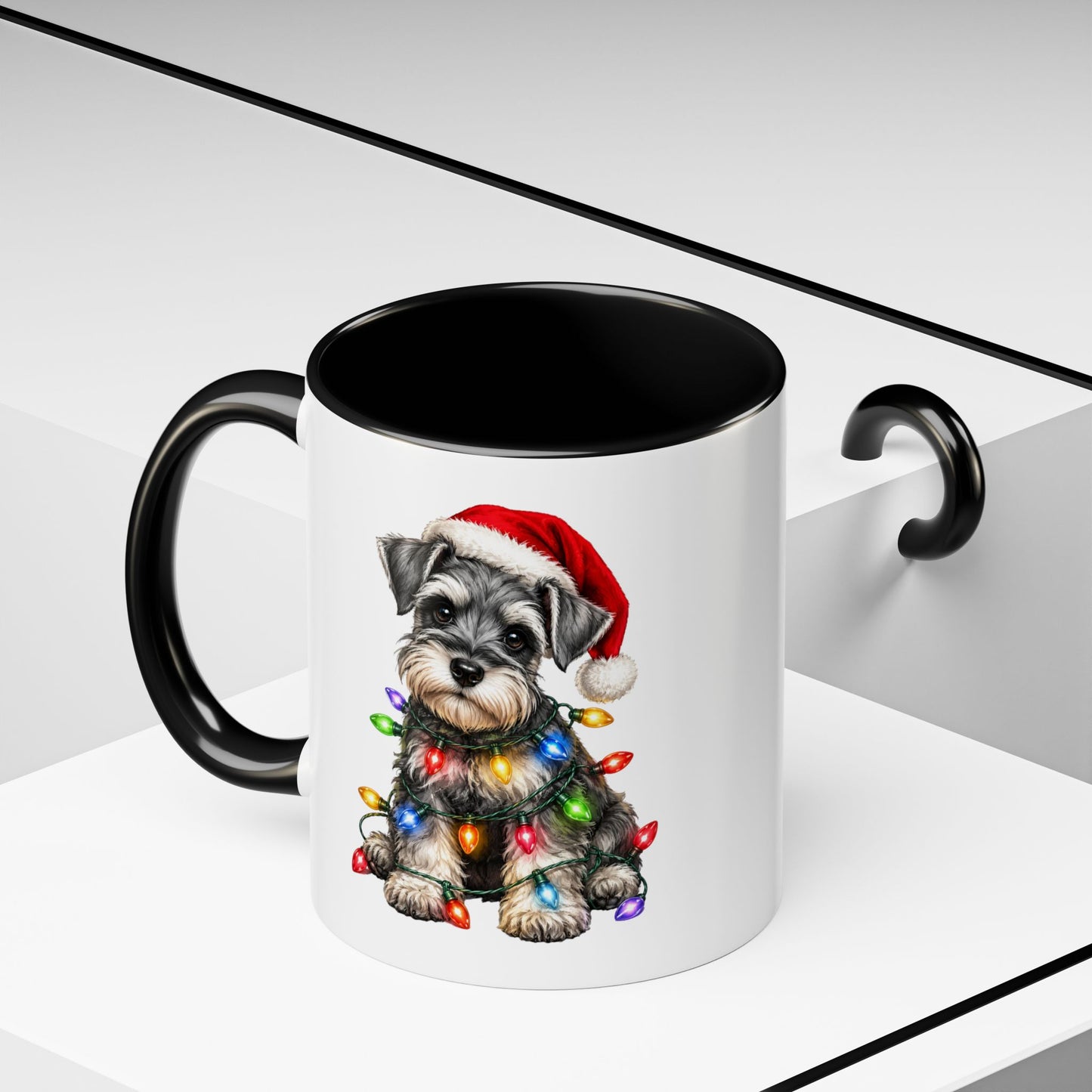Christmas Puppy Coffee Mug — Schnauzer in Santa Hat with Holiday Lights (11/15oz)