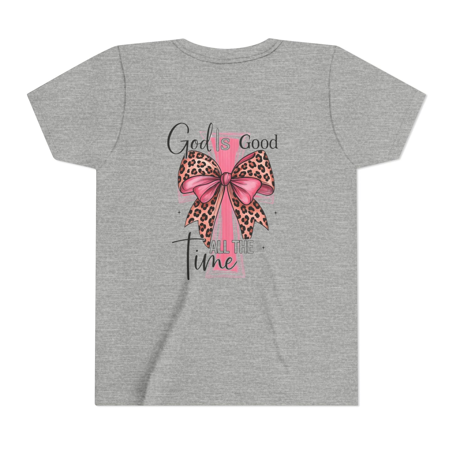 Youth Tee — "God is Good All the Time" Pink Cross with Leopard Bow