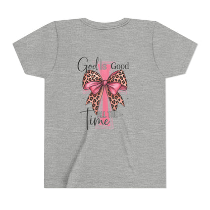 Youth Tee — "God is Good All the Time" Pink Cross with Leopard Bow