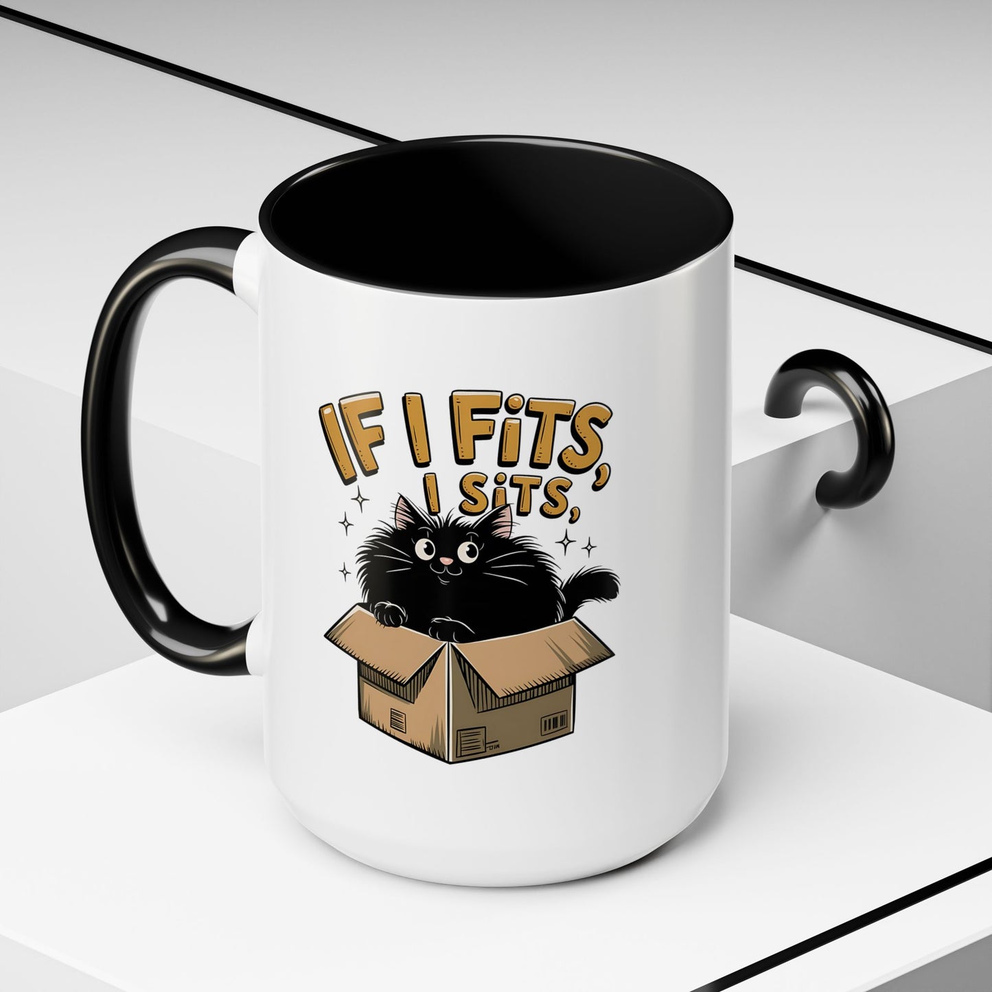 If I Fits I Sits Cat Mug — Funny Black Cat in Box Coffee Cup (11/15oz)