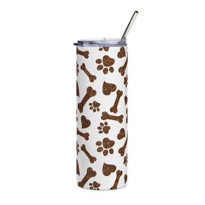 20oz Stainless Steel Tumbler — Brown Paw Prints & Bones Pattern