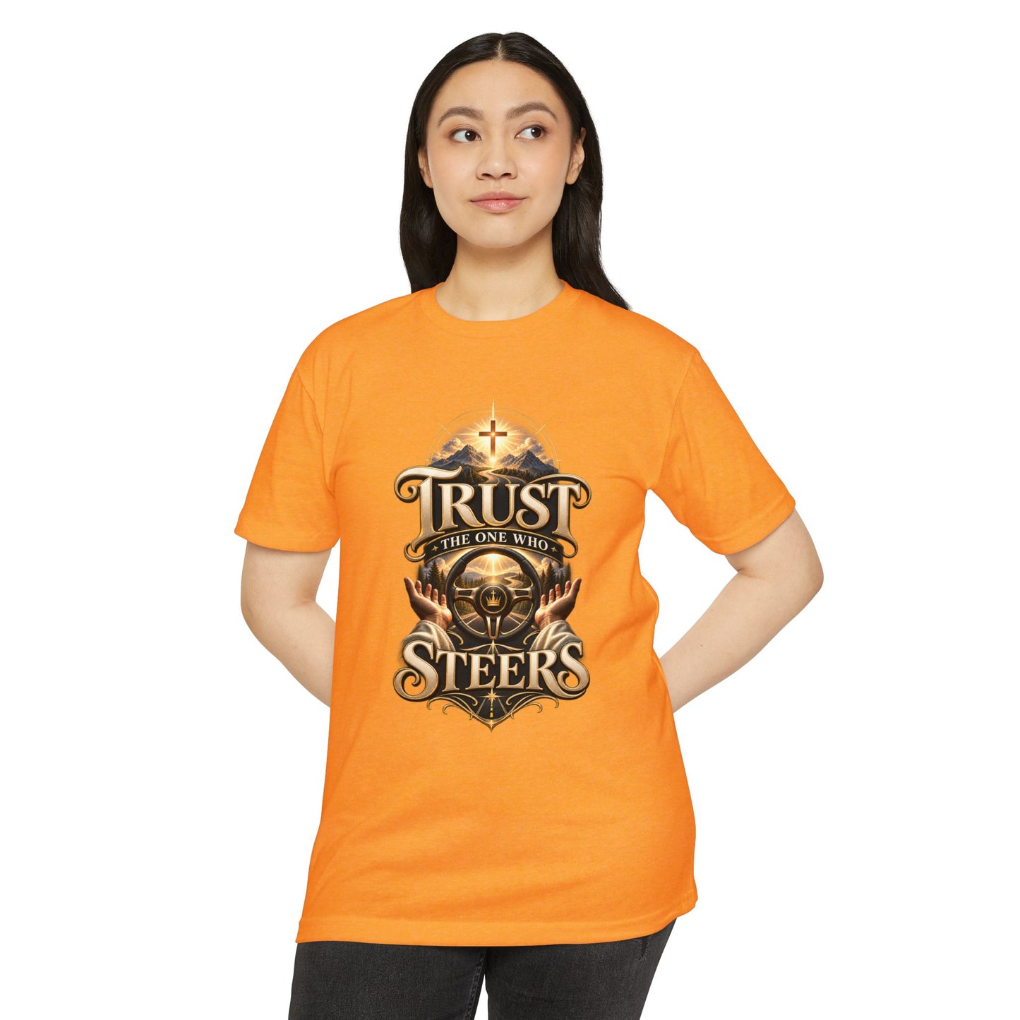 Trust He Steers T‑Shirt — Christian Faith Nautical Steering Wheel Design