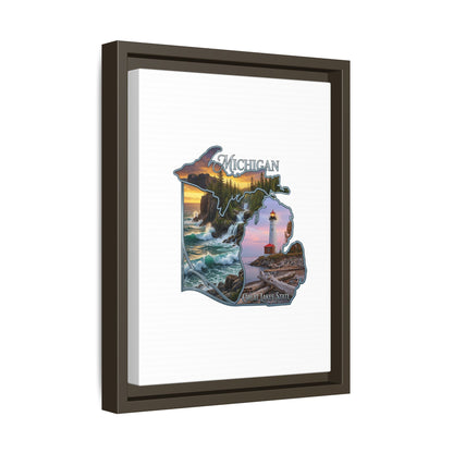 Michigan Framed Canvas Wall Art — Great Lakes State Lighthouse & Shoreline Print