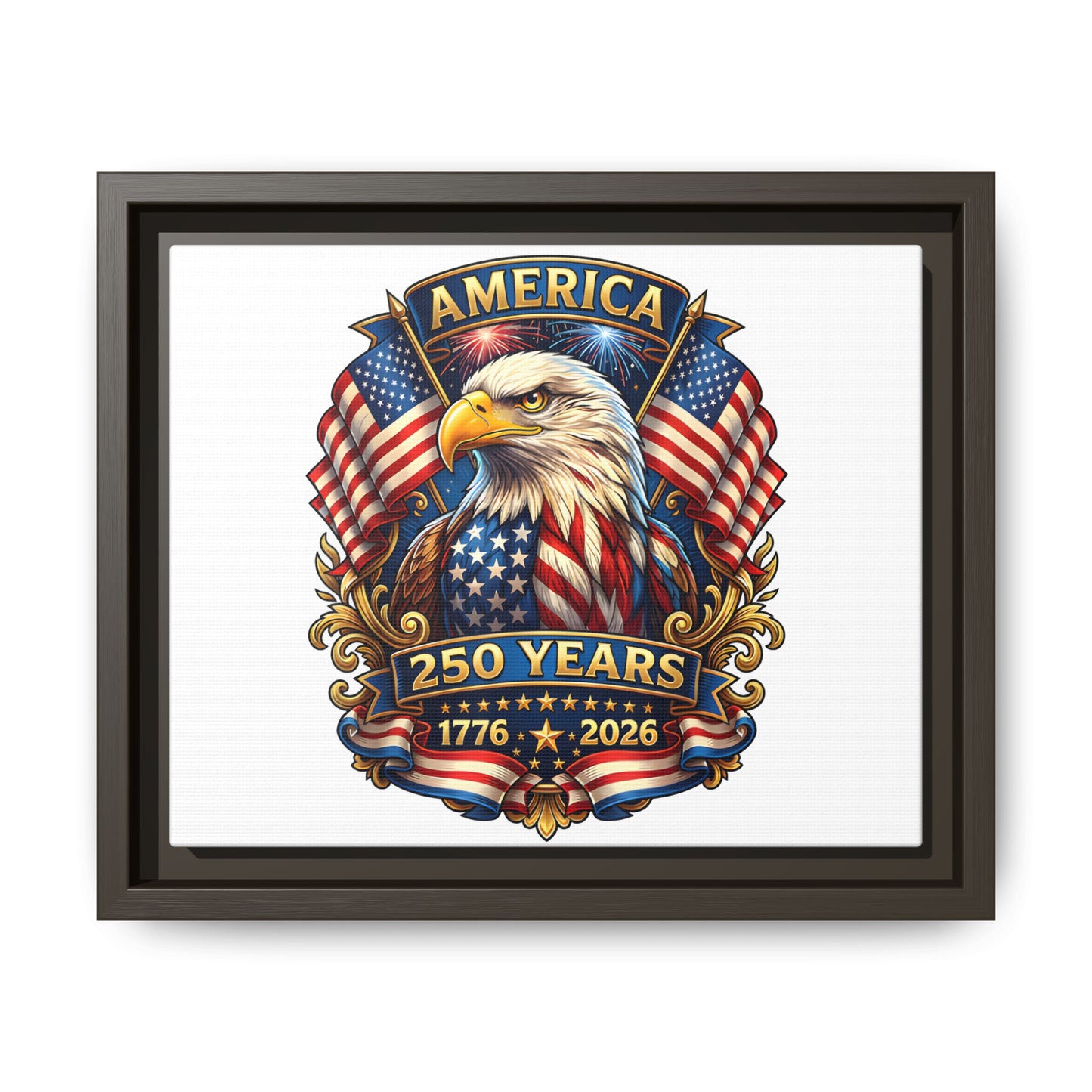 America 250th Anniversary Framed Canvas — Patriotic Bald Eagle Wall Art