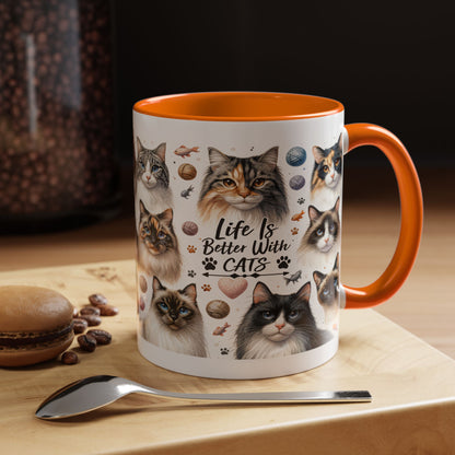 Life Is Better With Cats Accent Coffee Mug — Cat Lover Ceramic Mug (11/15oz)