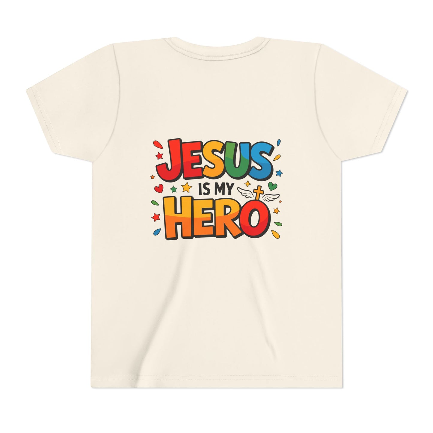 Youth Tee — "Jesus Is My Hero" Colorful Kids Christian T-Shirt