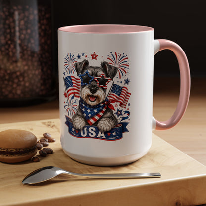Patriotic Schnauzer Coffee Mug – USA Flag, Fireworks Accent Mug (11/15oz)