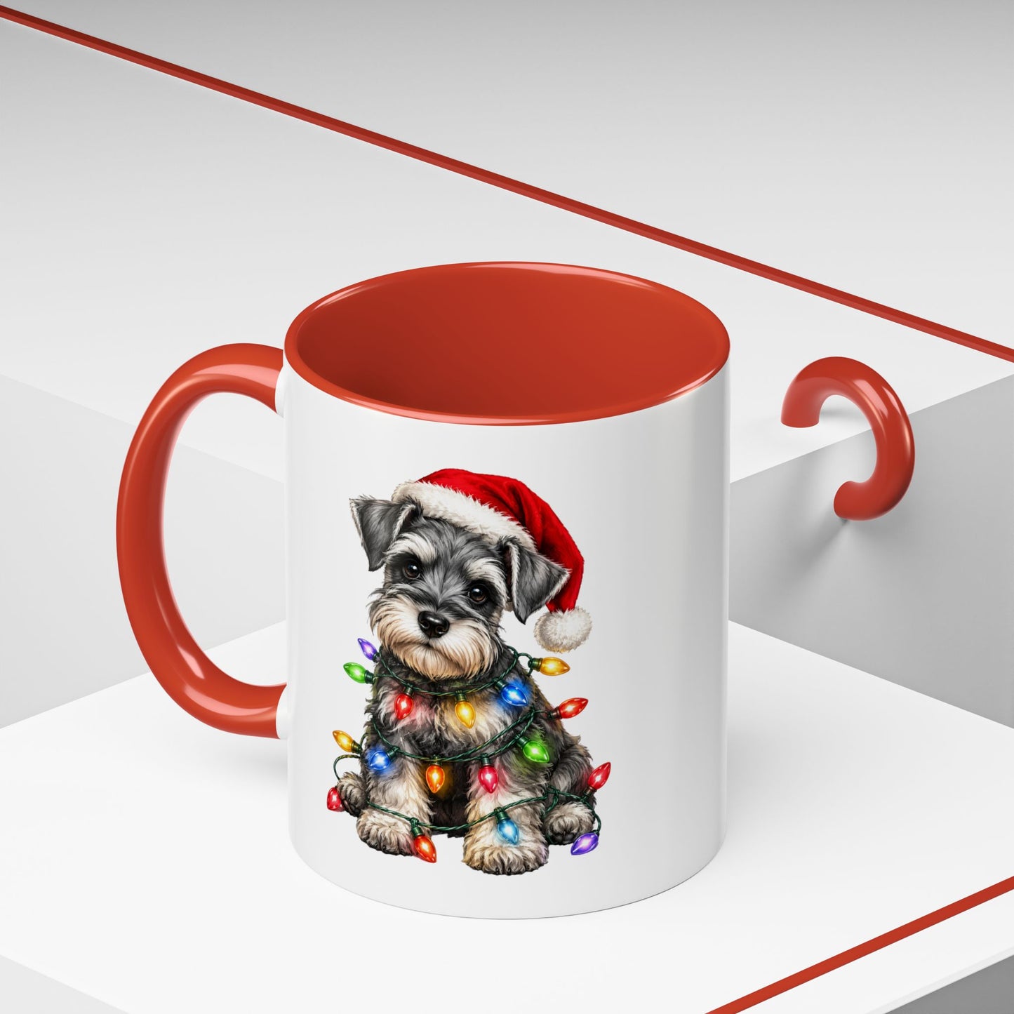 Christmas Puppy Coffee Mug — Schnauzer in Santa Hat with Holiday Lights (11/15oz)