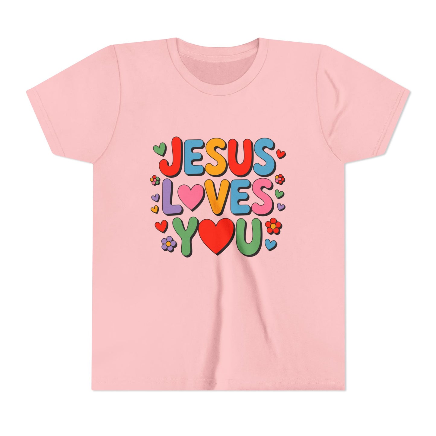 Youth Tee - "Jesus Loves You" Colorful Heart & Flower Christian Shirt