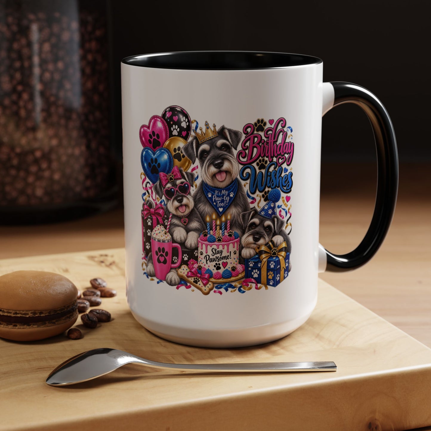 Birthday Wishes Dog Coffee Mug — Cute Paw Print Celebration Mug (11/15oz)
