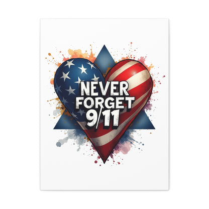 Never Forget 9/11 American Flag Heart Stretched Canvas