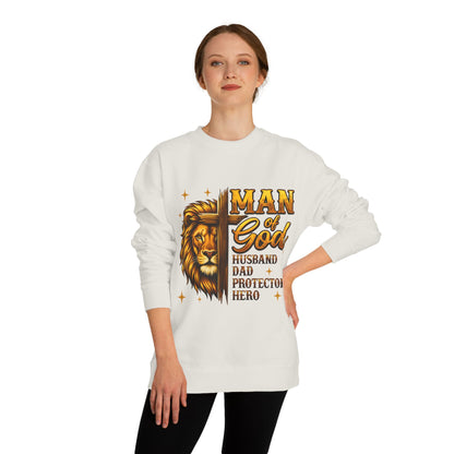 Man of God Sweatshirt — Lion Graphic, "Husband Dad Protector Hero" Faith Pullover