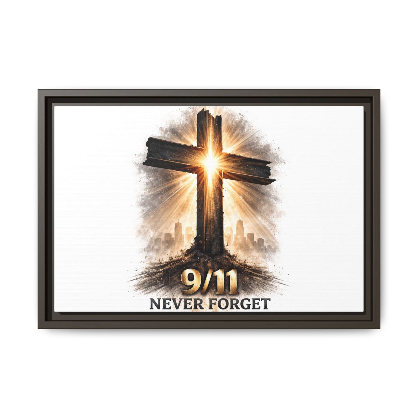 9/11 Never Forget Framed Canvas Wall Art — Memorial Cross Tribute