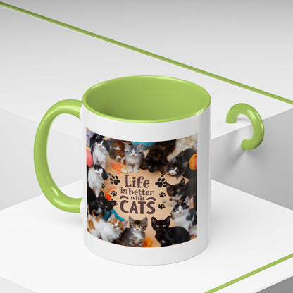 Cat Lover Accent Coffee Mug — “Life Is Better With Cats” 11/15oz