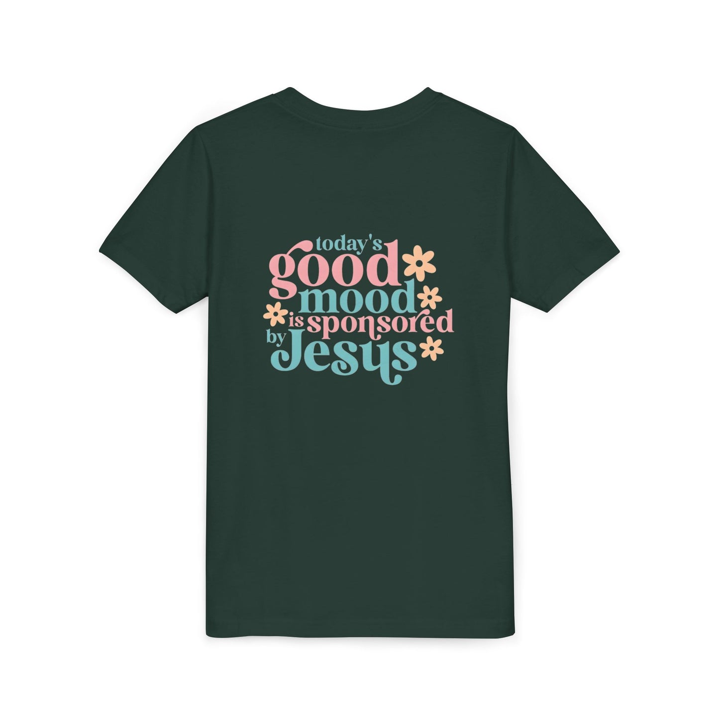 Youth Tee – "Today's Good Mood is Sponsored by Jesus" Retro Floral Christian Shirt